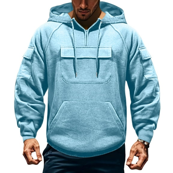 Dwelliawo Men Tactical Hoodies Tactical Sweatshirt Quater Zip Up Cargo Hoodies Pullover Fall Big and Tall Hooded Sweatshirts with Pocket Light Blue 5XL