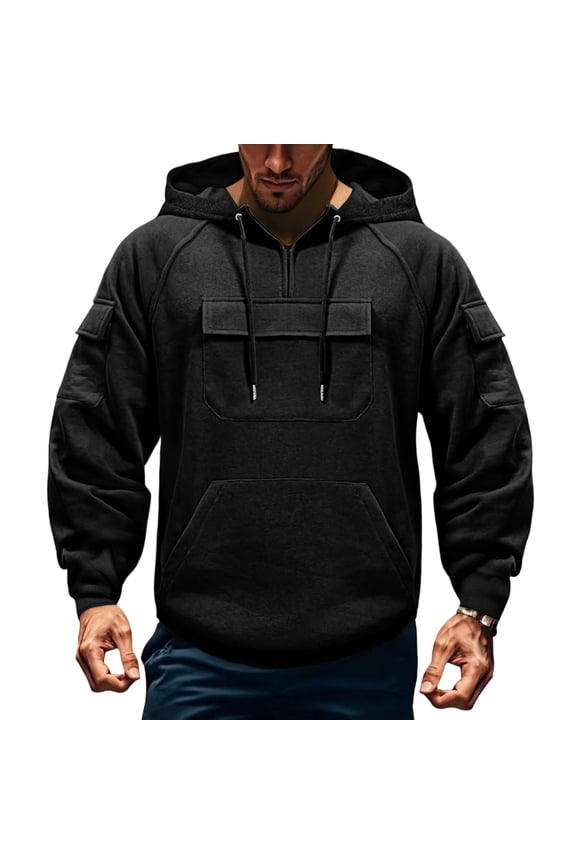 Men Tactical Hoodies Tactical Sweatshirt Quater Zip Up Cargo Pullover Hoodie Autumn Big and Tall Workout Sweatshirts with Pocket Black 5XL