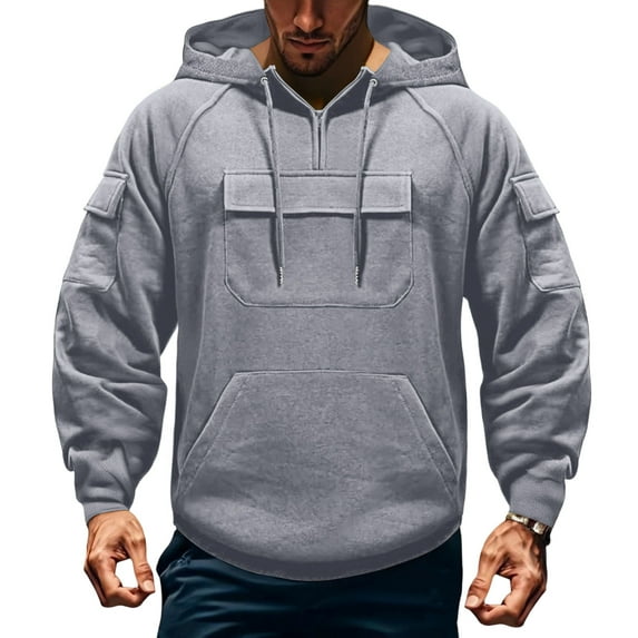 Dwelliawo Men Tactical Hoodies Tactical Sweatshirts 1/4 Zip Cargo Hoodies Pullover Fall Fashion Workout Sweatshirt with Pocket Light Gray 2XL