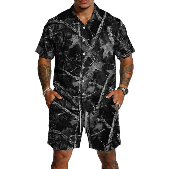 Dwelliawo Men's 2 Piece Hawaiian Camo Outfit Short Sleeve Button Down Shirt and Drawstring Shorts Lightweight Casual Summer Set for Beach Fishing and Hunting Gray 3xL