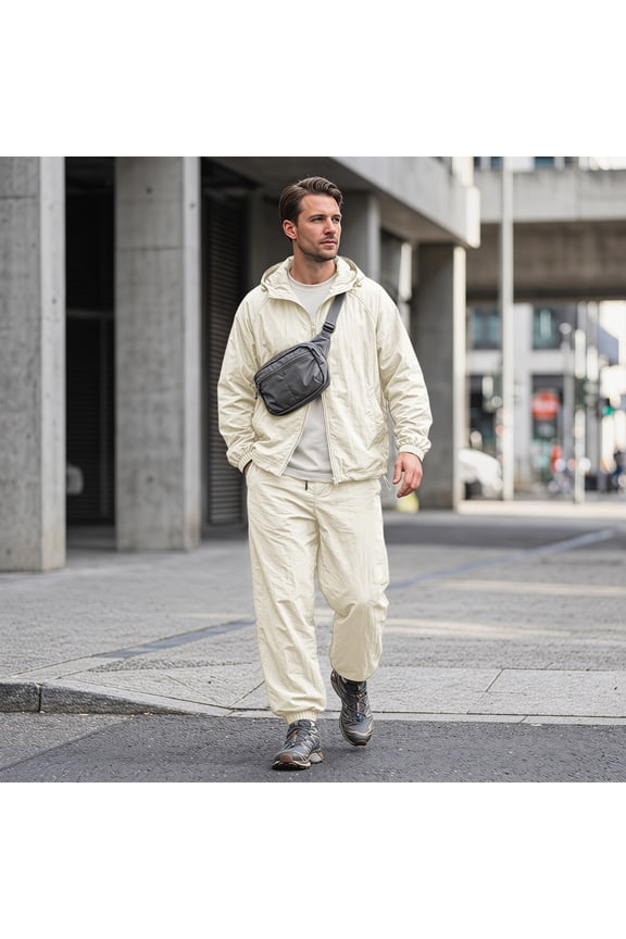 Men's 2 Piece Tracksuit Set Lightweight Hooded Windbreaker Jacket and Jogger Pants Casual Athletic Outfit for Running Hiking Beige 2xL