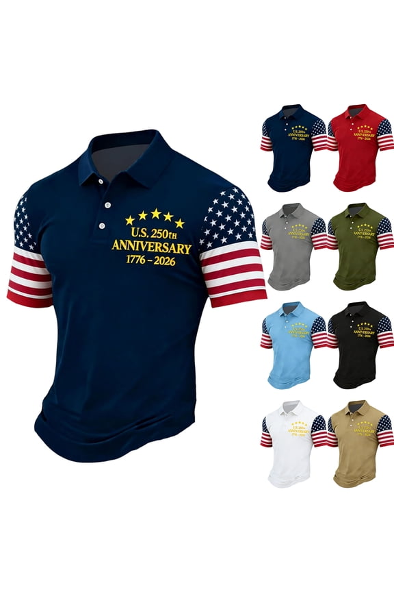 Men's 250 Anniversary Usa Shirt 250 Anniversary Usa Patriotic Short Sleeve Polo Shirt 1776-2026 Freedom Shirts Waffle Tee Navy M