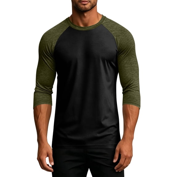 Dwelliawo Men's 3/4 Sleeve Shirts Casual Raglan Crewneck Baseball T Shirts Summer Classic Color Block Tee Athletic Tops Army Green 3xL