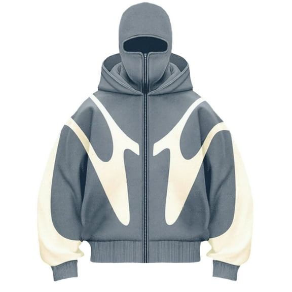 Dwelliawo Men's Balaclava Hoodie Warm Face Hip Hop Double Layered Hoodies with Eye Mask Built In Fashion Zip Up Y2k Sweatshirts Light Gray M