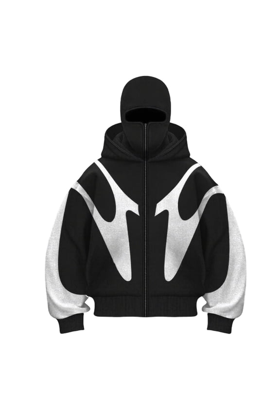 Men's Balaclava Hoodie Warm Face Y2k Double Layered Hoodies with Eye Mask Built In Fashion Zip Up Hip Hop Sweatshirts Black 2XL