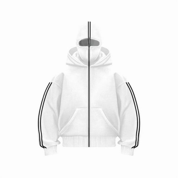 Dwelliawo Men's Balaclava Hoodie Zip Up Hip Hop Double Layered Hoodies with Eye Mask Built In Fashion Warm Face Y2k Sweatshirts White M