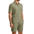 thumbnail image 1 of Dwelliawo Men's Cable Knit Polo Shirt And Shorts Set, Casual 2 Piece Tracksuit, Breathable Short Sleeve Outfit For Summer Vacation Army Green 3xL, 1 of 5