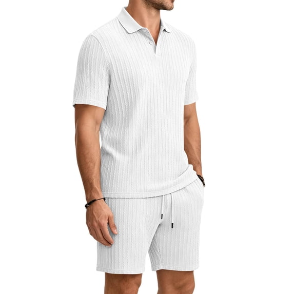 Dwelliawo Men's Cable Knit Polo Shirt And Shorts Set, Casual 2 Piece Tracksuit, Breathable Short Sleeve Outfit For Summer Vacation White 3xL