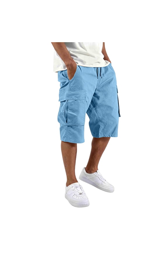 Men's Capri Long Elastic Cargo Shorts Summer Elastic Waist 3/4 Pants Below Knee Multi-Pockets Shorts Lightweight Hiking Capri Long Pants Sky Blue 4XL