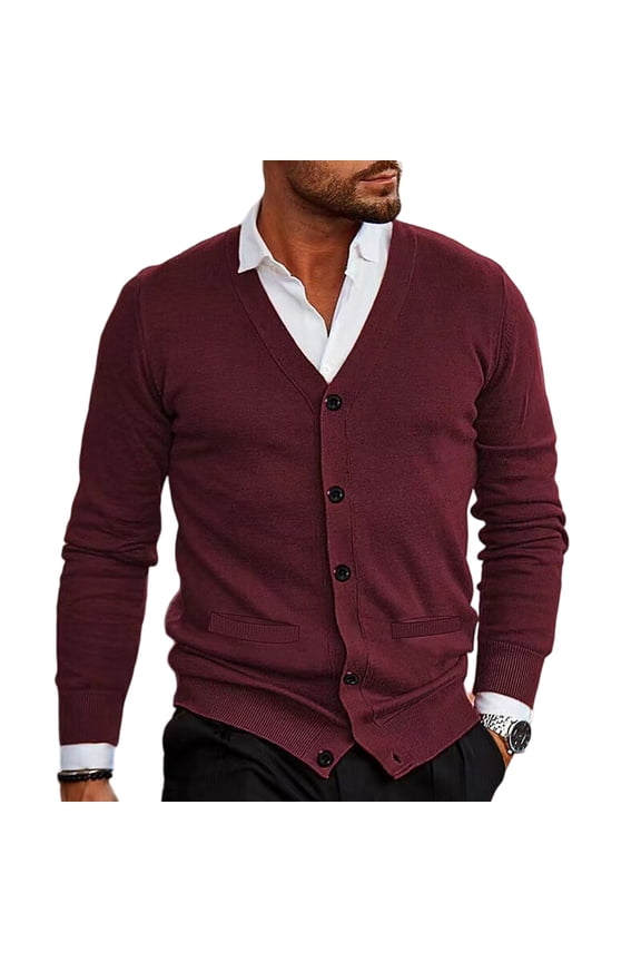 Men's Cardigan Sweater V Neck Shawl Button Down Knit Sweater Wool Cardigan Sweaters Long Slevee Casual Sweater with Pocket Fall Clothes Wine XL