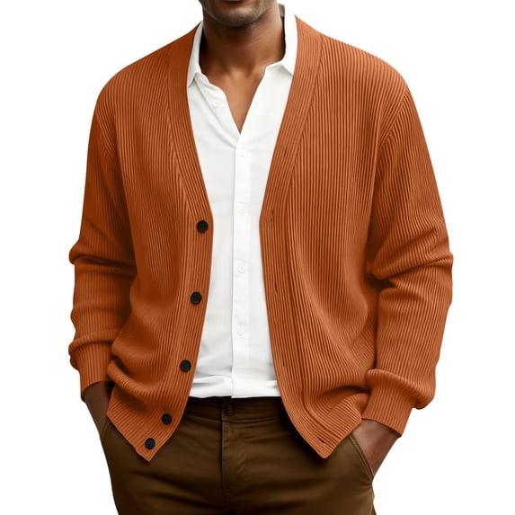 Dwelliawo Men's Cardigan Sweaters Long Slevee Shawl Sweaters V Neck Casual Button Up Knit Wool Cardigan Sweater with Pocket Fall Clothing Orange M