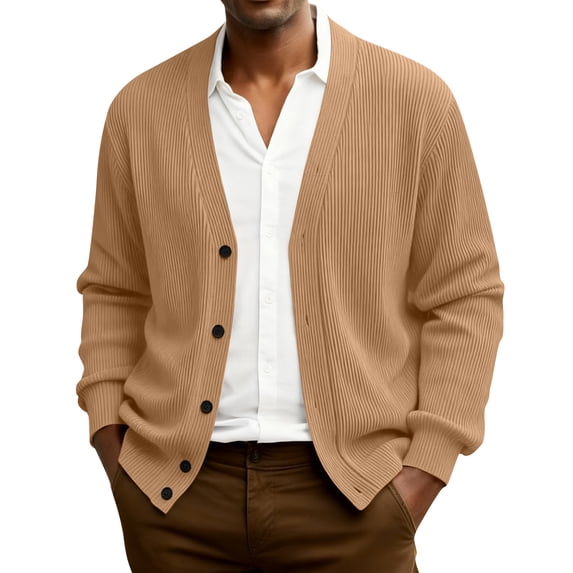 Dwelliawo Men's Cardigan Sweaters V Neck Shawl Button Down Knitted Sweaters Cardigan Sweater Long Slevee Casual Sweaters with Pockets Autumn Clothing Light Brown L