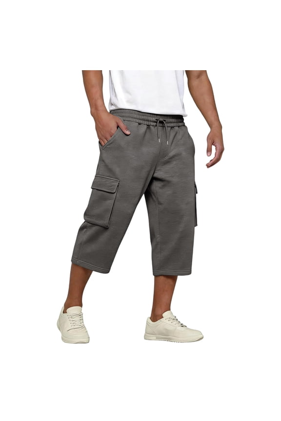 Men's Cargo Shorts Lightweight Capri 3/4 Pants Long Multi-Pockets Shorts Summer Hiking Elastic Waist Below Knee Pants Gray M