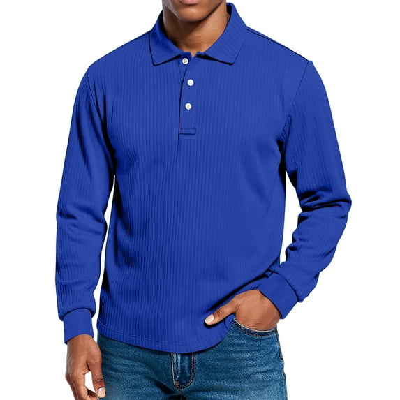 Dwelliawo Men's Casual Polo Shirts Classic Long Sleeve Ribbed Button Shirts Loose Fit Collared Stylish Golf Dress Pullover Royal Blue 2XL