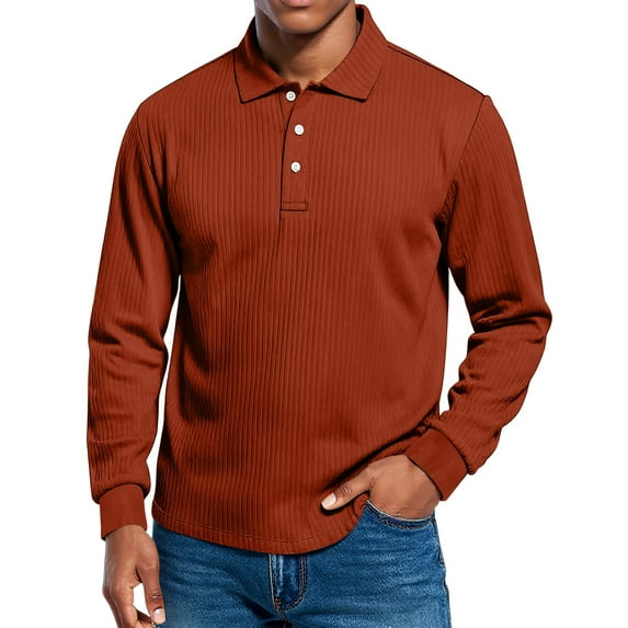 Dwelliawo Men's Casual Polo Shirts Loose Fit Collared Fashion Golf Dress Pullover Ribbed Long Sleeve Classic Button Shirts Ginger 3XL