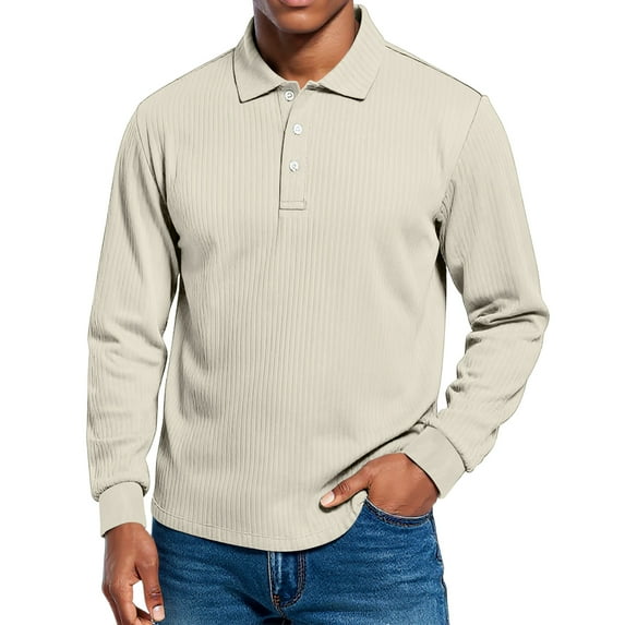 Dwelliawo Men's Casual Polo Shirts Ribbed Button Classic Long Sleeve Shirts Loose Fit Collar Fashion Golf Tee Khaki 2XL