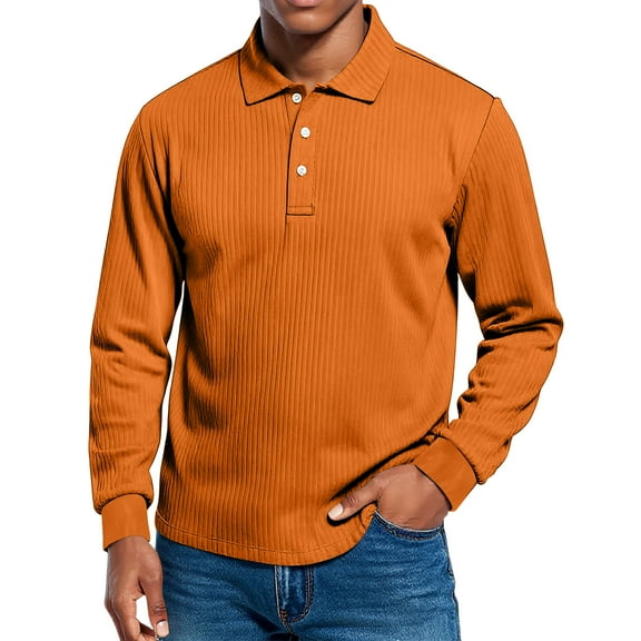 Dwelliawo Men's Casual Polo Shirts Ribbed Button Classic Long Sleeve Shirts Loose Fit Collared Fashion Work Tee Saffron L