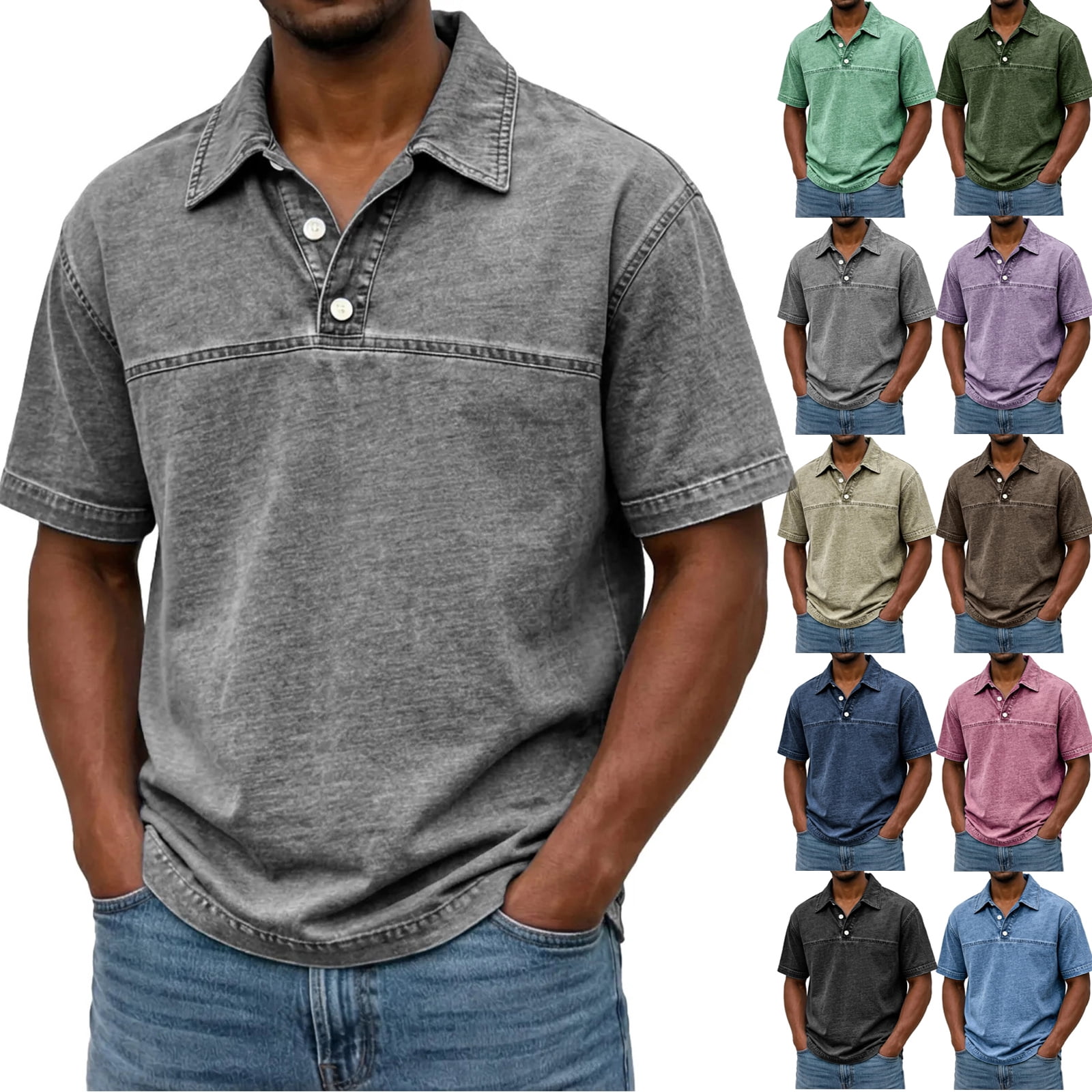Dwelliawo Men's Casual Polo Shirts Vintage Short Sleeve Retro Acid Wash ...
