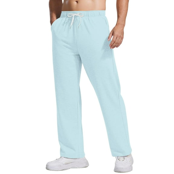 Dwelliawo Men's Cotton Sweatpants Baggy Loose Fit Straight Leg Sweatpants Open Bottom Drawstring Waist Running Gym Pants with Pockets Clearance Light Blue XL