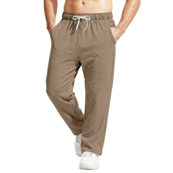 Dwelliawo Men's Cotton Sweatpants Open Bottom Straight Leg Lightweight Sweatpants Lounge Drawstring Waist Gym Athletic Pants with Pockets Clearance Light Brown 2XL