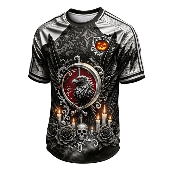 Dwelliawo Men's Dark Gothic Outfit Short Sleeve Trendy T Shirt Crew Neck Halloween Horror Graphic Pullover Silver M