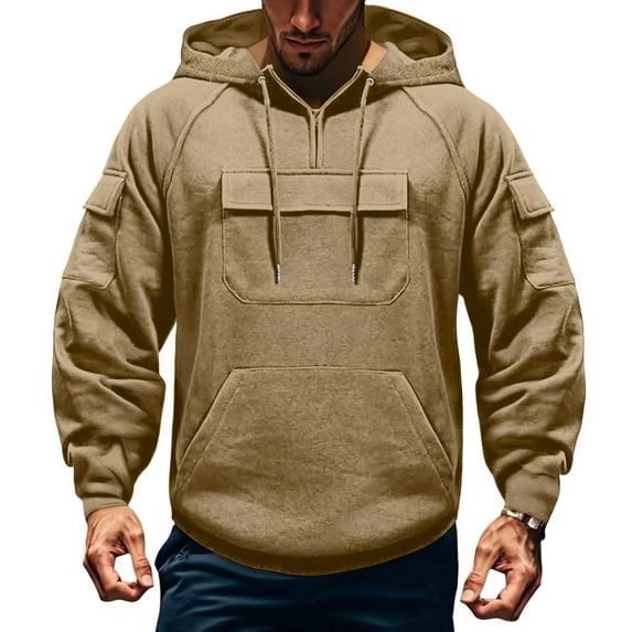 Dwelliawo Men's Fashion Hoodies & Sweatshirts Quarter Zip Cargo Hoodies Pullover Fashion Workout Sweatshirt Autumn Tactical Hoodies with Pocket Khaki L