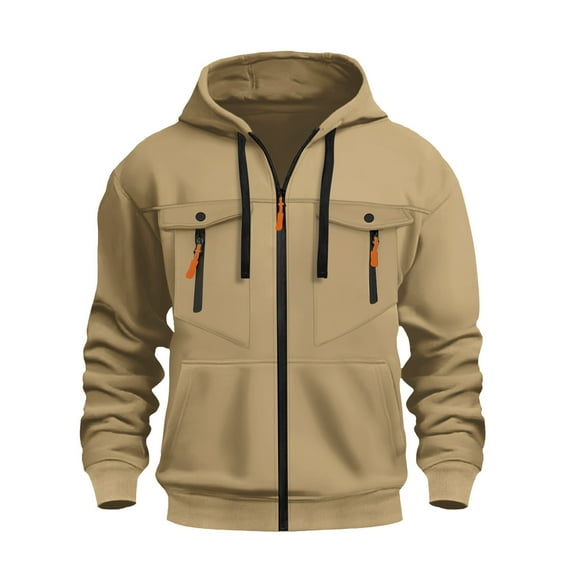Dwelliawo Men's Fashion Hoodies & Sweatshirts Tactical Sweatshirts Zip Up Cargo Pullover Winter Fashion Workout Sweatshirt with Pockets Khaki XL