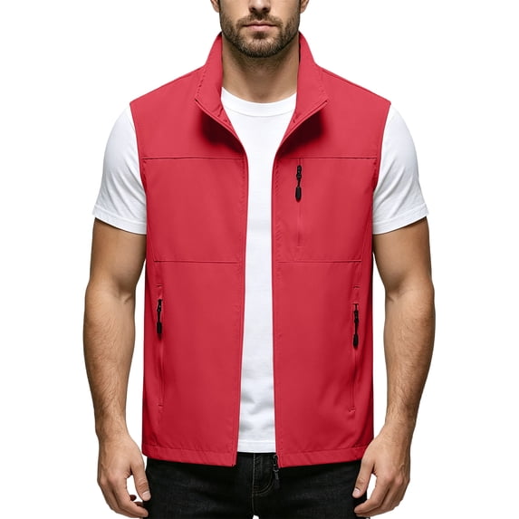 Dwelliawo Men's Fishing Vest Stand Collar Sleeveless Jacket Lightweight Quick Dry Windproof Outerwear With Multi Zipper Pockets Loose Fit For Fishing Hiking Photography Travel Daily Work Red 2xL
