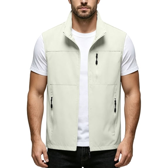 Dwelliawo Men's Fishing Vest Stand Collar Sleeveless Jacket Lightweight Quick Dry Windproof Outerwear With Multi Zipper Pockets Loose Fit For Fishing Hiking Photography Travel Daily Work Beige S