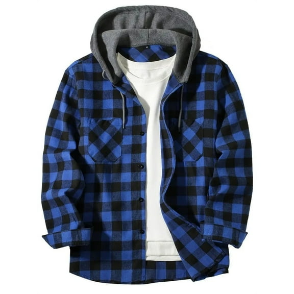 Dwelliawo Men's Flannel Hoodie Shirts Lightweight Button Down Plaid Long Sleeve Shirts Hooded Stylish Casual Winter Jacket with Chest Pockets Blue 2XL