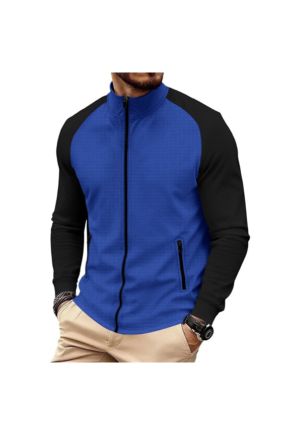 Men's Gym Running Jacket Full Zip Stand Collar Athletic Track Coat Color Block Honeycomb Quick Dry Knit With Zipper Pockets For Workout Cycling Daily Casual Sports Royal Blue S