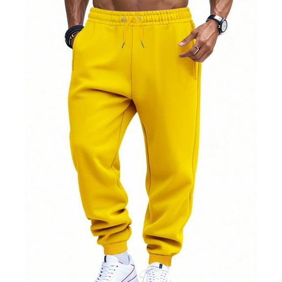 Dwelliawo Men's Heavyweight Fleece Cargo Sweatpants Heavyweight Elastic Waist Pants Fall Casual Outdoor Jogger Pant Baggy Fleece Trousers Yellow XL