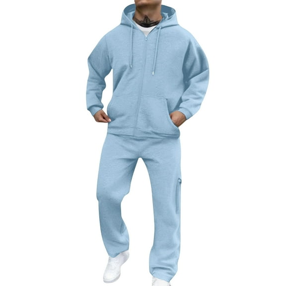 Dwelliawo Sweat Suits for Men 2 Piece Hoodie and Sweatpants Solid Color Casual Pullover Hoodies Jogging Running Pants Set Fleece Fall Suit with Pockets Light Blue M