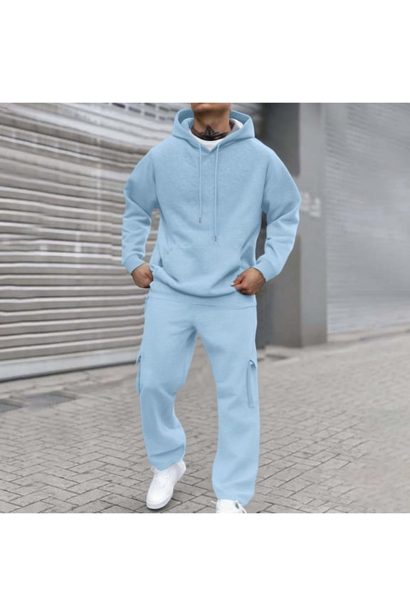 Mens Hoodie Sweatsuit 2 Piece Solid Color Casual Hoodie Jogging Athletic Pants Set Fleece Winter Suits with Pockets Light Blue XL