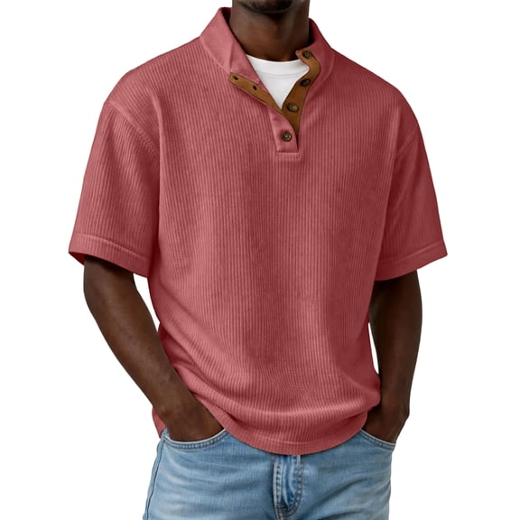 Dwelliawo Men's Henley Short Sleeve Shirt Short Sleeve Casual Shirts Trendy Button Tops Summer Basic T-Shirt Lightweight Loose Tee Vermilion L