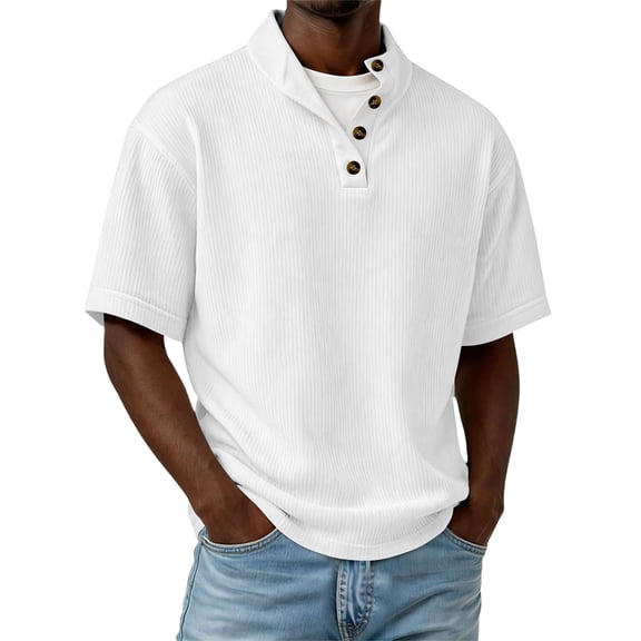 Dwelliawo Men's Henley T-Shirt Short Sleeve Trendy Shirt Loose Button Outfits Summer Basic Tee Shirts Casual Lightweight Tee White S