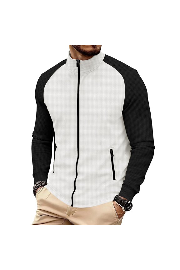 Men's Lightweight Athletic Jacket Stand Collar Full Zip Color Block Sweatshirt Quick Dry Stretch Knit With Secure Side Pockets For Hiking Travel Office Casual White L
