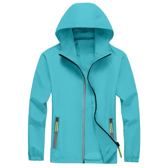 Dwelliawo Men's Lightweight Waterproof Rain Jacket Waterproof Hiking Windbreaker Hooded Jackets Lightweight Outdoor Work Travel Jacket Casual Rain Full Zip Raincoat with Pocket Light Blue 2XL