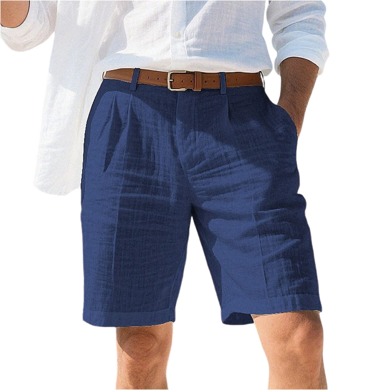 Dwelliawo Men's Linen Classic Gurkha Shorts Pleat-Front 9" Flat Front ...