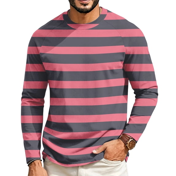 Dwelliawo Men's Long Sleeve Striped Shirts Crew Neck Spring Fall Casual T-Shirts Regular Fit Soft Basic Tops Pink 4xL