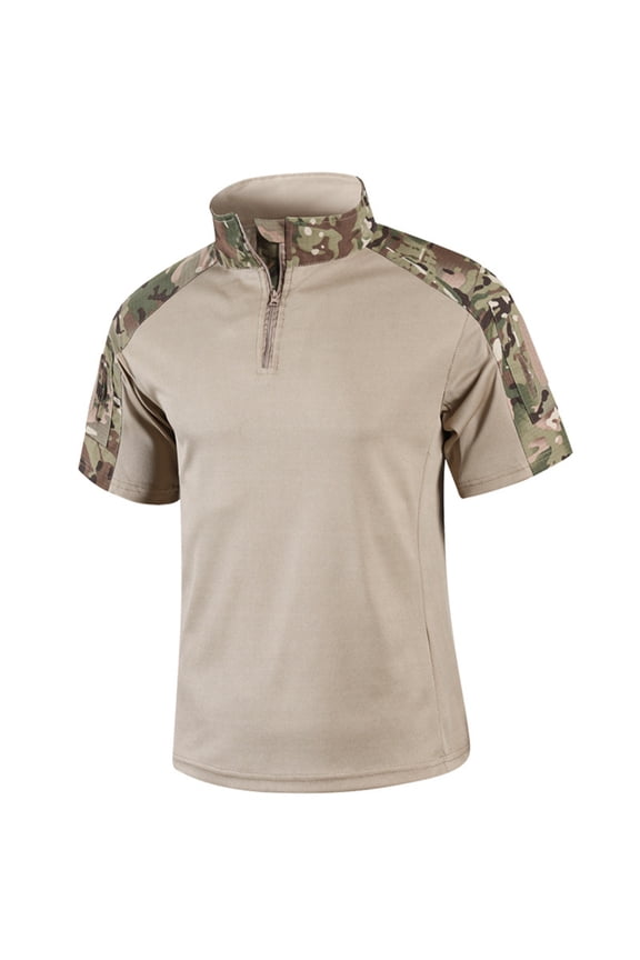 Men's Military Combat Shirt 1/4 Zipper Quick Dry T Shirts Camo Tactical Clothing Short Sleeve Stretchy Slim Fit Shirt Khaki L