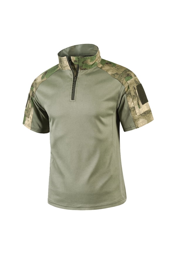 Men's Military Combat Shirt Short Sleeve Shirt Combat Military 1/4 Zipper Tops Quick Dry Tactical Outdoor T Shirts ClothingGreenL