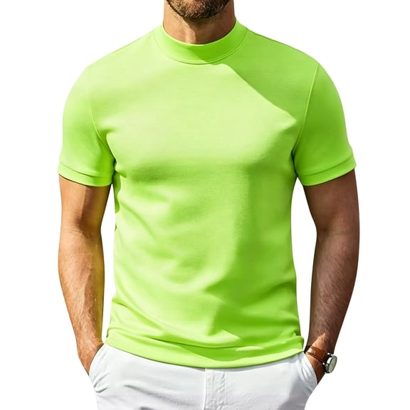 Dwelliawo Men's Mock Turtleneck T-Shirts Short Sleeve Lightweight Soft Basic Solid Pullover Undershirt Tops Fluorescent Green L