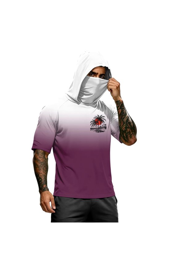 Men's All In One Face Mask Hood Sun Shirt UPF UV Protection Quick Dry Gradient Palm Design Short Sleeve Top For Saltwater Fishing Beachside Workout Multi Outdoor Scenes Dark Purple S