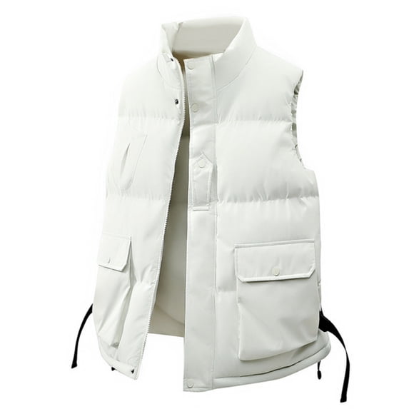 Dwelliawo Men's Outdoor Casual Stand Collar Vest Quilted Coats Warm Loose Puffer Stand Collar Vest Casual Winter Thick Jacket Travel Outdoor Outerwear White M