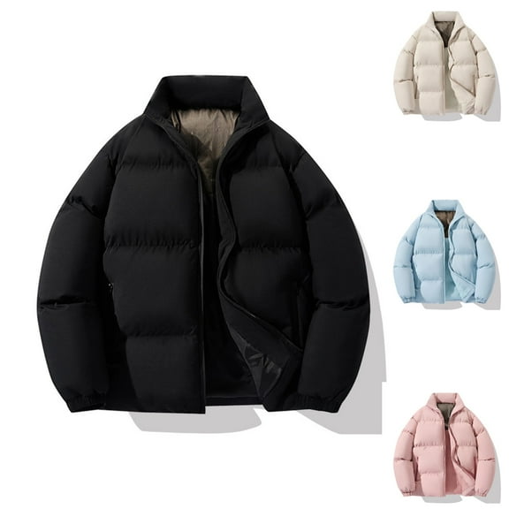 Dwelliawo Men's Padded Jackets Fleece Lined Fashion Jacket Thick Cotton Warm Casual Jackets Oversized Stand Collar Long Sleeve Solid Coat with Pockets Clearance Black 2XL