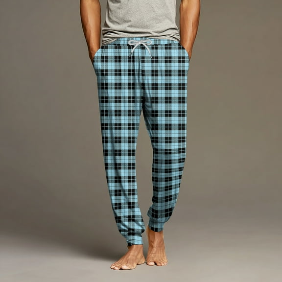 Dwelliawo Men's Pajama Pants Loose Fit Elastic Waist Pj Pant with Pockets Soft Sleep Loungewear Pant Separate Bottoms Joggers Plaid Pants Cyan M