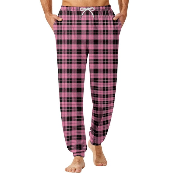 Dwelliawo Men's Pajama Pants Plaid Separate Bottoms Jogger Sleep Pant Loose Fit Elastic Waist Pajama with Pockets Soft Sleep Lounge Pants Purple Pink 2XL