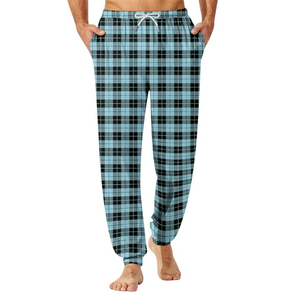 Dwelliawo Men's Pajama Pants Plaid Separate Bottoms Joggers Pants Loose Fit Drawstring Pajama Pants with Pockets Soft Sleepwear Loungewear Pant Cyan 2XL