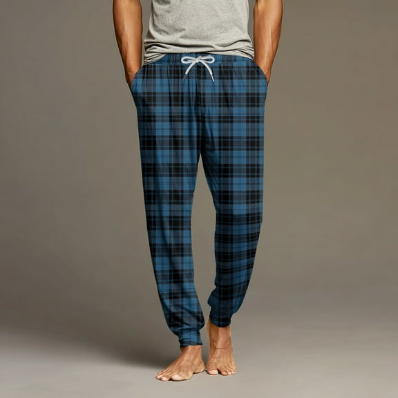 Dwelliawo Men's Pajama Pants Soft Sleep Lightweight Pants Separate Bottoms Jogger Sleep Plaid Pant Loose Fit Elastic Waist Pj Pants with Pockets Dark Blue XL